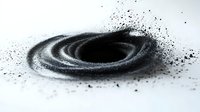 Black charcoal powder scattered in spiral pattern on white surface, creating dynamic swirling motion effect with scattered particles and dark center point.