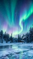 Spectacular northern lights aurora borealis dancing over snowy winter landscape with frozen lake, evergreen forest and cozy cabin under starry night sky.