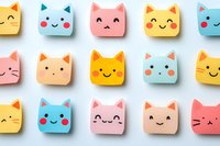 Cute square cat faces in pastel colors arranged in rows on white background. Kawaii style emoticons with different expressions showing happy smiling characters.