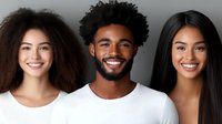 Three diverse young adults smiling together in casual white clothing against neutral background for lifestyle and friendship concepts.