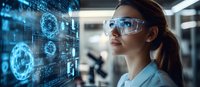 Young Asian female scientist in protective eyewear analyzing holographic data visualization and molecular structures in modern research laboratory.