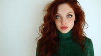 Young Caucasian woman with curly red hair wearing green turtleneck sweater against white background for fashion and lifestyle projects.