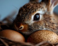 Close-up macro shot of brown rabbit nose and eye next to speckled eggs in nest, showing detailed fur texture and whiskers against soft blue background.