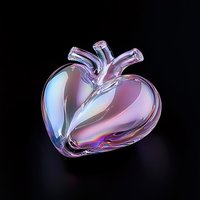 Iridescent glass heart with anatomical arteries on black background, featuring holographic rainbow effects and smooth translucent surface texture.