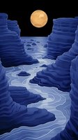 Mystical canyon landscape with flowing river under golden moon in starry night sky. Blue rock formations create dramatic gorge with winding water stream below.
