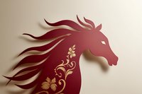 Elegant red paper cut horse silhouette with golden floral decorations on beige background, symbolizing strength and beauty in Chinese zodiac art.