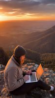 Woman working on laptop at mountain summit during golden hour sunset, overlooking vast valley landscape below. Remote work and digital nomad lifestyle.