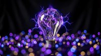 Electric purple lightning bulb with glowing filament against bokeh lights background for creative energy and innovation concepts in business presentations.