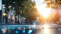 Magical split view of urban puddle reflection during golden sunset with bokeh water drops and autumn atmosphere. Creative street photography perspective.