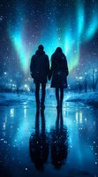 Silhouettes of couple holding hands under spectacular northern lights, reflected in wet surface amid falling snow and city lights in winter night.
