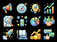 Megaphone target lightbulb growth chart analytics network pie chart handshake rocket book medal thumbs up icons isolated on transparent background for design use.