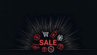 Black Friday sale banner with red text and shopping icons radiating light rays on dark background for retail marketing campaigns.