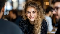Young Caucasian woman with wavy blonde hair smiling warmly during casual conversation at cafe. Natural candid expression shows genuine happiness and engagement.