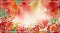 Watercolor floral frame with red and gold flowers, lanterns, and ornamental corners on white background for festive designs.