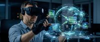 Young Caucasian man in VR headset interacting with glowing ESG circular economy holographic interface in dark tech environment.
