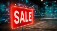 Glowing red neon sale sign against dark blurred background with bokeh lights and digital network pattern overlay creates modern retail atmosphere.