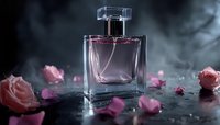 Elegant perfume bottle with pink fragrance surrounded by delicate rose petals and petals on dark moody surface with atmospheric fog effect and soft lighting.