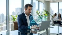 Businessman working on laptop with digital security icons and holographic shield display in modern office with city skyline view.