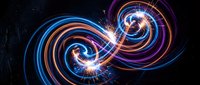 Abstract energy spirals with glowing neon light trails creating dynamic swirling motion patterns on dark background for modern digital art and futuristic designs.
