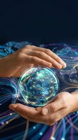 Hands holding glowing digital globe with network connections and data visualization on blue tech background for future technology concepts.