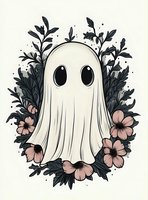 Cute ghost character with big eyes surrounded by pink flowers and dark leaves on light background. Isolated illustration for Halloween designs and gothic style prints.