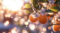 Fresh ripe oranges hanging on tree branch with white spring blossoms against blurred bokeh sunset background, natural organic citrus garden scene.