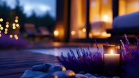Romantic evening ambiance with glowing candles and lavender flowers on wooden deck, soft bokeh lights creating cozy outdoor atmosphere at dusk.