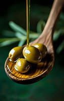 Fresh green olives on wooden spoon with flowing extra virgin olive oil stream against dark background, macro food photography for Mediterranean cuisine.