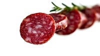 Sliced dry cured salami sausage with rosemary herb on white background, isolated for food packaging and menu design.