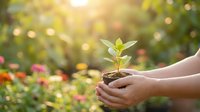 Young child holding seedling with soil in cupped hands against blooming garden background, symbolizing growth, environmental care, and sustainable gardening practices for educational and eco-friendly projects.