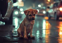 Lonely puppy sitting on wet city street at night with blurred bokeh lights and reflections creating atmospheric urban mood for emotional pet photography.