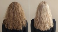 Comparison of natural wavy blonde hair before and after treatment showing transformation from warm honey tone to cool platinum shade, back view of female hairstyles.