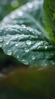 Fresh green leaf with crystal clear water droplets after morning rain creating natural macro photography with soft bokeh background for wellness concepts.