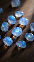 Luminous moonstone gemstones with blue flash adularescence scattered on rustic wooden surface creating mystical atmosphere for jewelry design and healing.