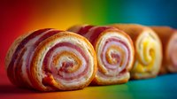 Colorful spiral pastries arranged in row showing swirled layers of dough and filling against vibrant rainbow gradient background for bakery and food concepts.