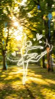 Glowing neon ballerina dancer silhouette with hearts in motion blur forest background. Digital art concept for dance, performance, romance and creativity projects.