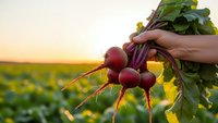 Fresh organic beetroots with green leaves held in hand during golden hour harvest time in agricultural field at sunset for healthy eating concept.
