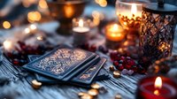 Mystical tarot cards with ornate lantern and candles creating warm atmospheric lighting for fortune telling and spiritual guidance sessions.