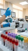 Laboratory technician in blue gloves using pipette for blood sample analysis in modern medical research facility with colorful test tubes and equipment.