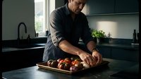 Middle-aged Caucasian man chef preparing fresh tomatoes on wooden cutting board in modern kitchen with natural lighting for culinary cooking.