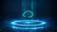 Glowing blue brain hologram floating above luminous circular platform against dark background with particles and light beams, representing artificial intelligence.
