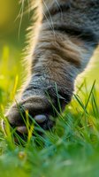 Cat paw close-up in green grass with sunlight, showing fur texture and claws. Suitable for pet, nature, and animal photography projects.