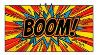 Comic book explosion with BOOM text in bold letters surrounded by colorful burst rays and lightning bolts on vibrant background for pop art designs.