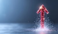 Glowing red arrow pointing upward emerges from scattered particles against dark background, symbolizing growth, success and digital transformation in business.