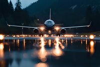 Commercial passenger aircraft on wet runway at dusk, front view with dramatic lighting and reflection in water, surrounded by forest landscape and runway lights.