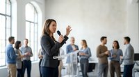 Professional businesswoman speaking at corporate presentation with microphone in modern office conference room with colleagues networking.