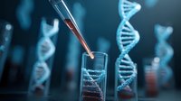 Laboratory pipette dropping red liquid into test tube with DNA helix structures in background, representing genetic research and biotechnology.