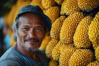 Portrait of mature Asian farmer smiling next to fresh jackfruit at local market, wearing blue cap, authentic candid expression shows pride in agricultural work.