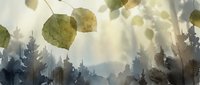 Soft watercolor landscape with delicate green leaves in foreground and misty forest silhouettes creating dreamy natural atmosphere for wall art and decor.