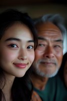 Close-up portrait of young Asian woman and senior man smiling warmly, representing family bonds across generations with soft natural lighting and gentle expressions.